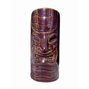 Vintage Ceramic Tiki Mug – Glossy Brown Sculpted Polynesian Face – Retro Barware